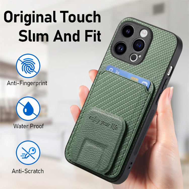 For iPhone 15 Pro Carbon Fiber Card Bag Fold Stand Phone Case(Green) - HoMEdemic™ 