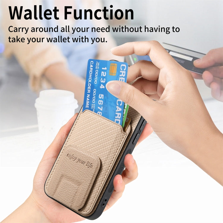 For iPhone 15 Pro Carbon Fiber Card Bag Fold Stand Phone Case(Khaki) - HoMEdemic™ 