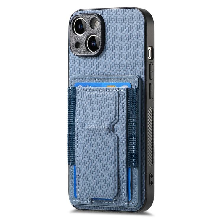 For iPhone 15 Pro Carbon Fiber Fold Stand Elastic Card Bag Phone Case(Blue) - HoMEdemic™ 
