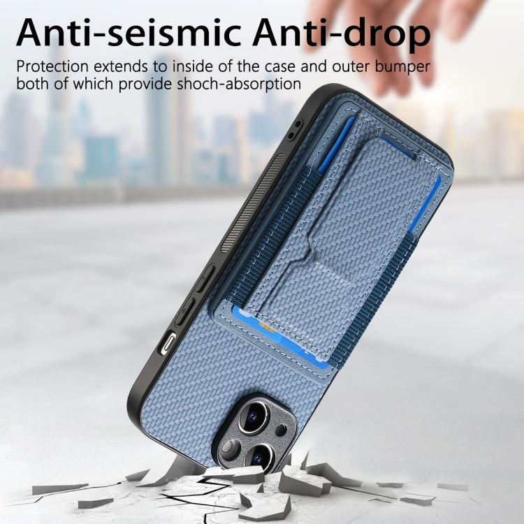 For iPhone 15 Pro Carbon Fiber Fold Stand Elastic Card Bag Phone Case(Blue) - HoMEdemic™ 