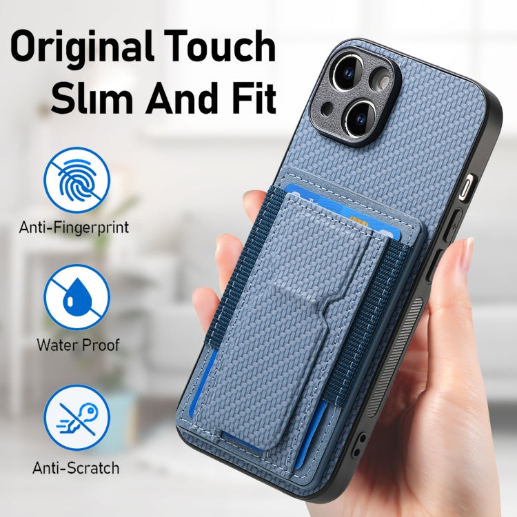 For iPhone 15 Pro Carbon Fiber Fold Stand Elastic Card Bag Phone Case(Blue) - HoMEdemic™ 