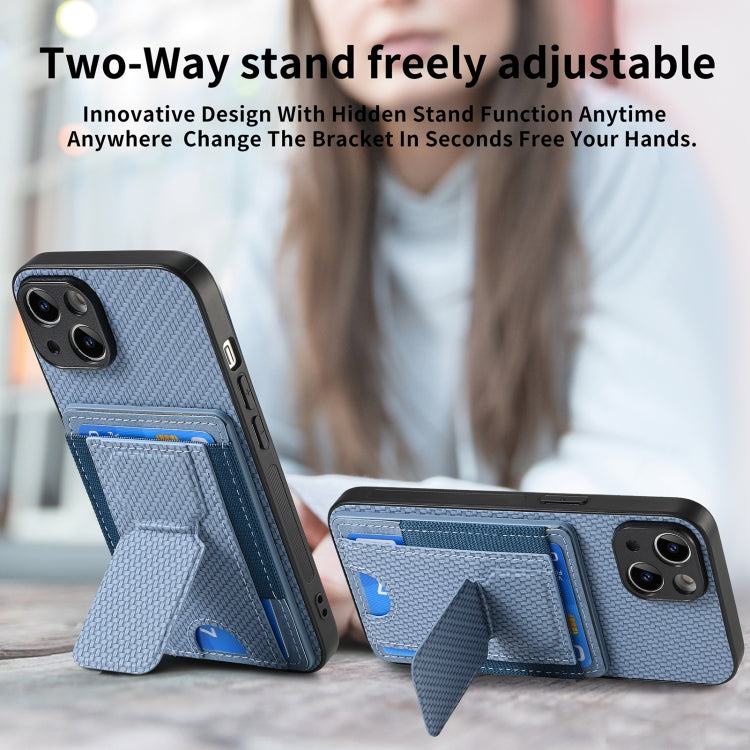 For iPhone 15 Pro Carbon Fiber Fold Stand Elastic Card Bag Phone Case(Blue) - HoMEdemic™ 