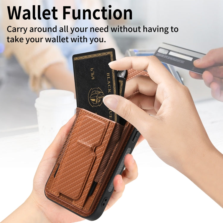 For iPhone 15 Pro Carbon Fiber Fold Stand Elastic Card Bag Phone Case(Brown) - HoMEdemic™ 