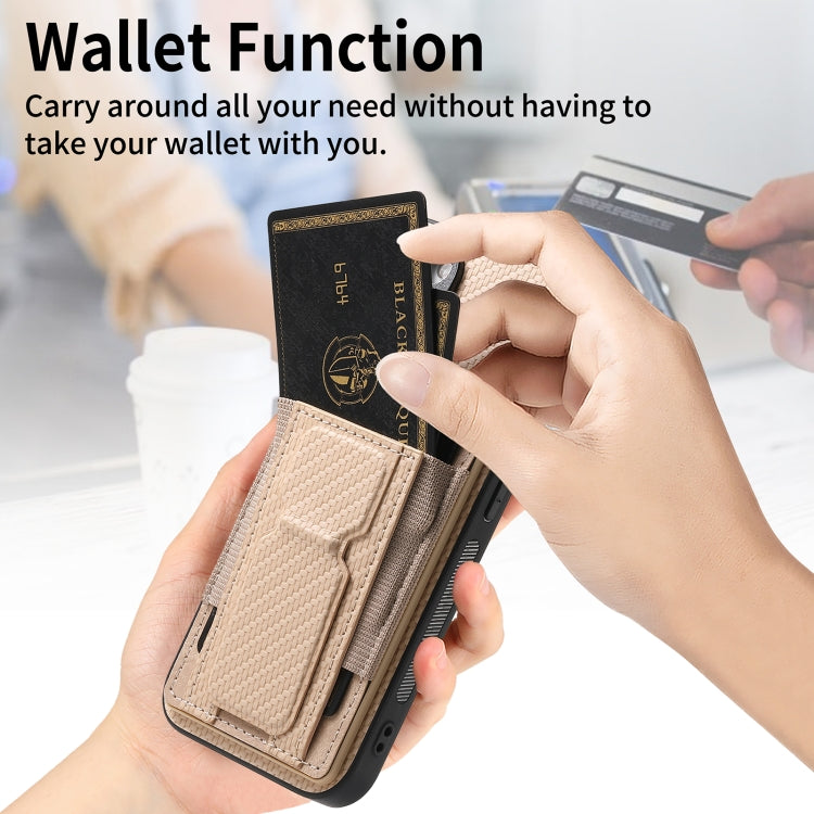 For iPhone 15 Pro Carbon Fiber Fold Stand Elastic Card Bag Phone Case(Khaki) - HoMEdemic™ 