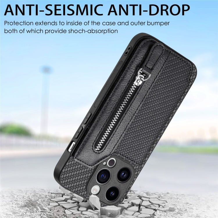 For iPhone 15 Pro Carbon Fiber Horizontal Flip Zipper Wallet Phone Case(Black) - HoMEdemic™ 