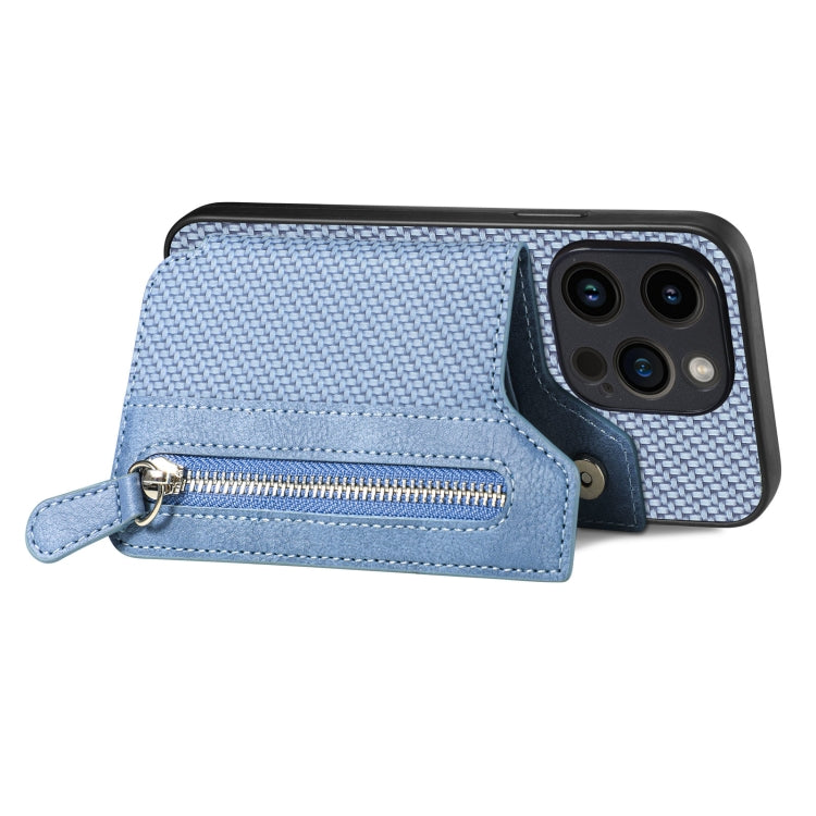 For iPhone 15 Pro Carbon Fiber Horizontal Flip Zipper Wallet Phone Case(Blue) - HoMEdemic™ 