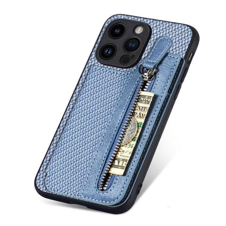 For iPhone 15 Pro Carbon Fiber Horizontal Flip Zipper Wallet Phone Case(Blue) - HoMEdemic™ 