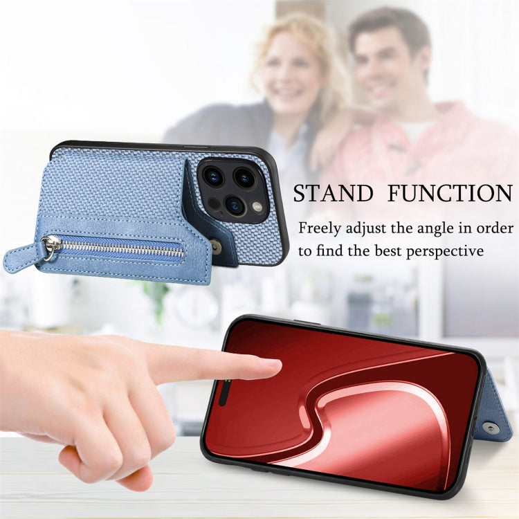 For iPhone 15 Pro Carbon Fiber Horizontal Flip Zipper Wallet Phone Case(Blue) - HoMEdemic™ 