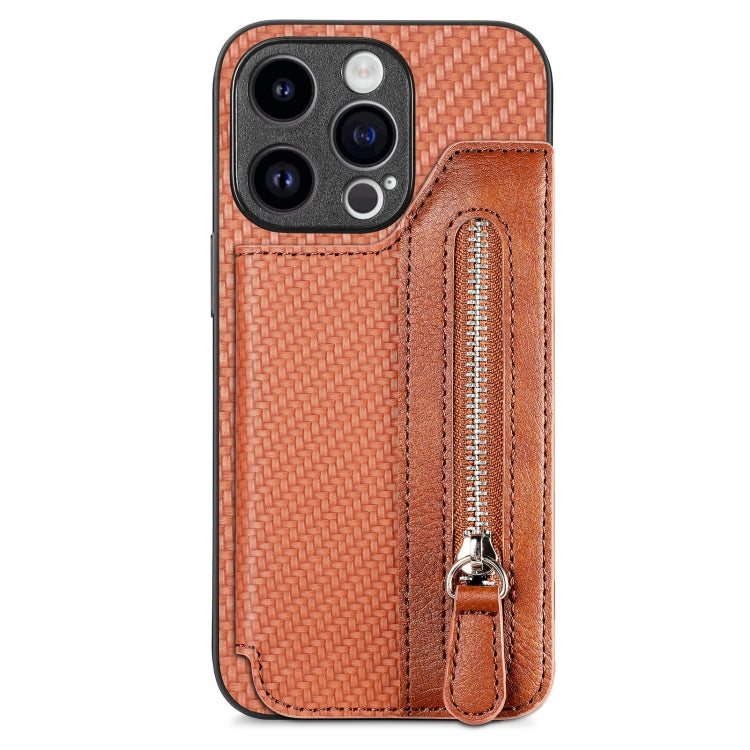 For iPhone 15 Pro Carbon Fiber Horizontal Flip Zipper Wallet Phone Case(Brown) - HoMEdemic™ 