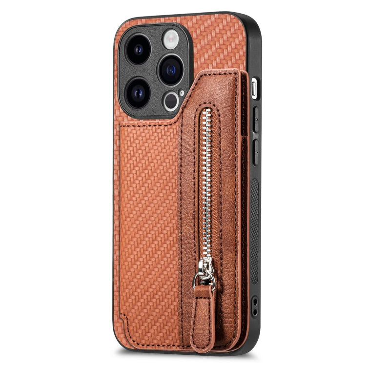 For iPhone 15 Pro Carbon Fiber Horizontal Flip Zipper Wallet Phone Case(Brown) - HoMEdemic™ 