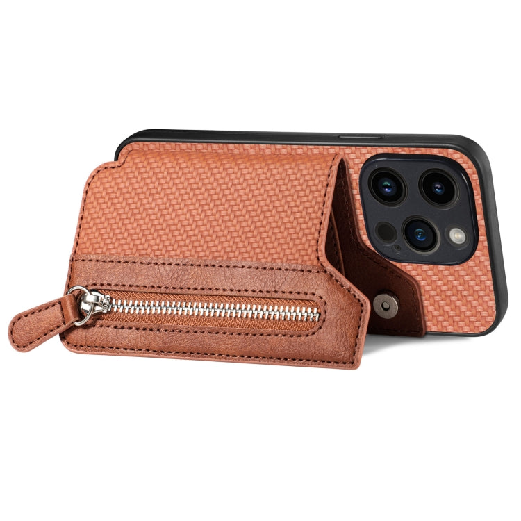 For iPhone 15 Pro Carbon Fiber Horizontal Flip Zipper Wallet Phone Case(Brown) - HoMEdemic™ 