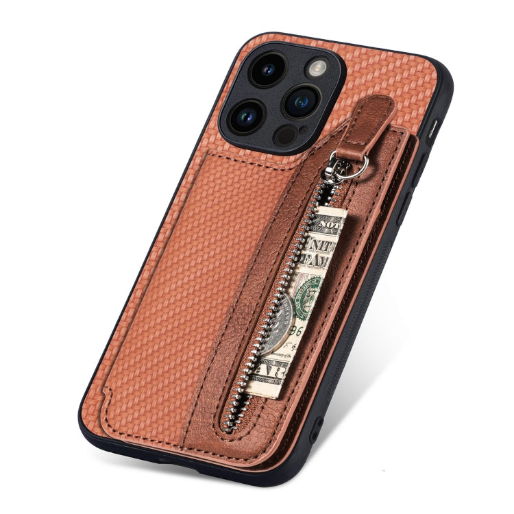 For iPhone 15 Pro Carbon Fiber Horizontal Flip Zipper Wallet Phone Case(Brown) - HoMEdemic™ 