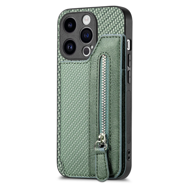 For iPhone 15 Pro Carbon Fiber Horizontal Flip Zipper Wallet Phone Case(Green) - HoMEdemic™ 