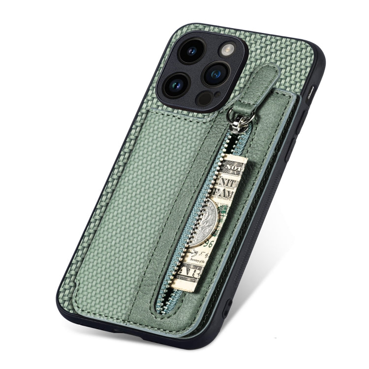 For iPhone 15 Pro Carbon Fiber Horizontal Flip Zipper Wallet Phone Case(Green) - HoMEdemic™ 