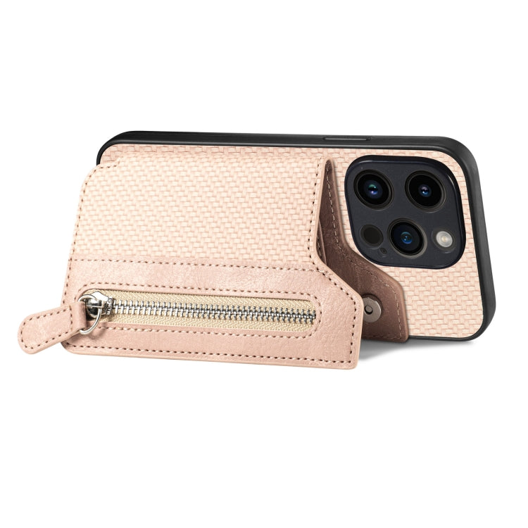 For iPhone 15 Pro Carbon Fiber Horizontal Flip Zipper Wallet Phone Case(Khaki) - HoMEdemic™ 