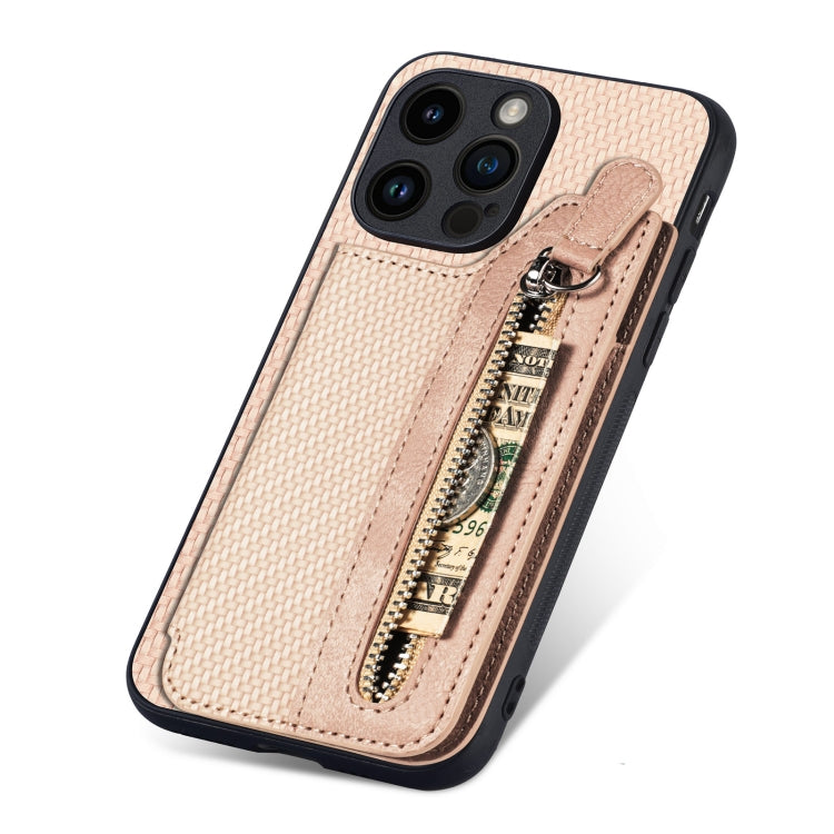 For iPhone 15 Pro Carbon Fiber Horizontal Flip Zipper Wallet Phone Case(Khaki) - HoMEdemic™ 
