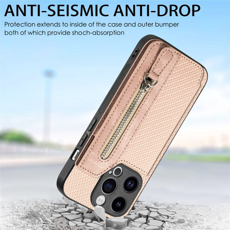 For iPhone 15 Pro Carbon Fiber Horizontal Flip Zipper Wallet Phone Case(Khaki) - HoMEdemic™ 