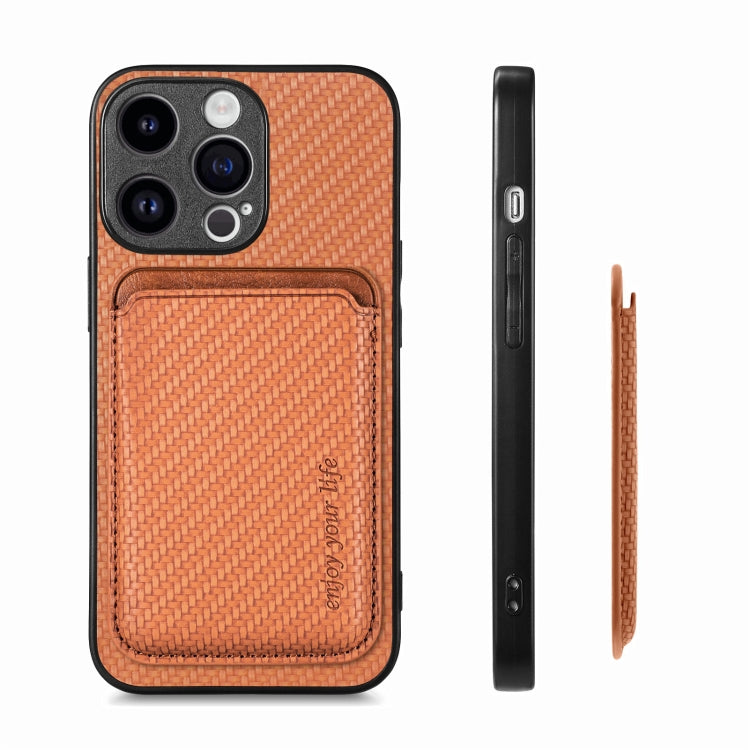 For iPhone 15 Pro Carbon Fiber Leather Card Magsafe Phone Case(Brown) - HoMEdemic™ 