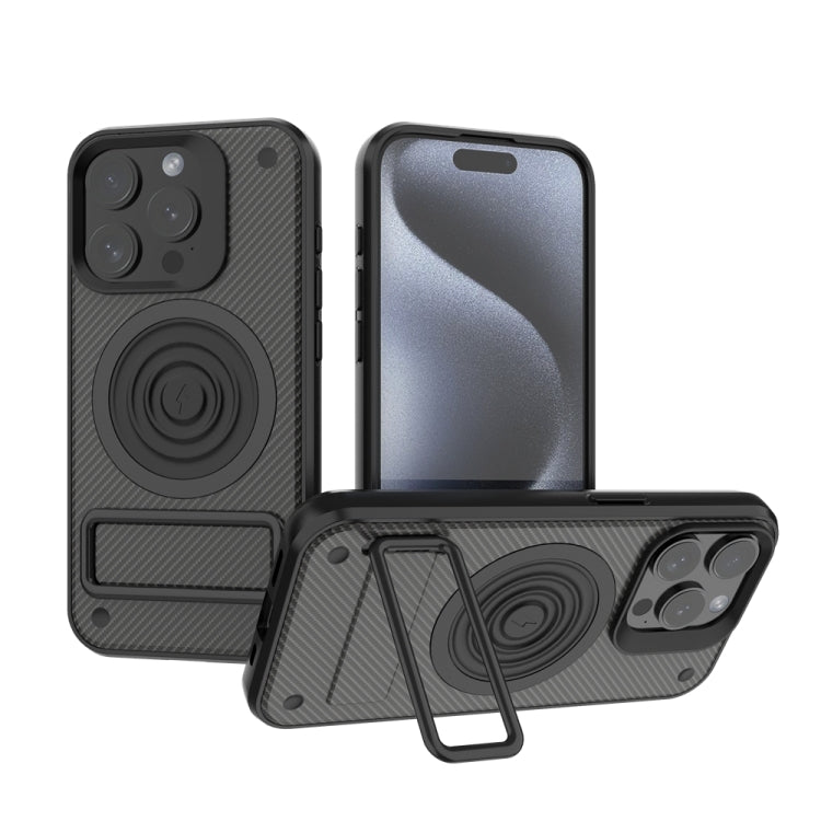 For iPhone 15 Pro Carbon Fiber Texture PC + TPU Phone Case with Metal Holder(Black) - HoMEdemic™ 