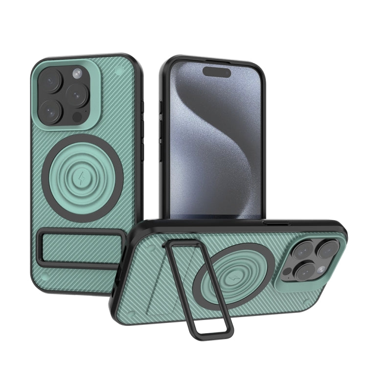 For iPhone 15 Pro Carbon Fiber Texture PC + TPU Phone Case with Metal Holder(Green) - HoMEdemic™ 