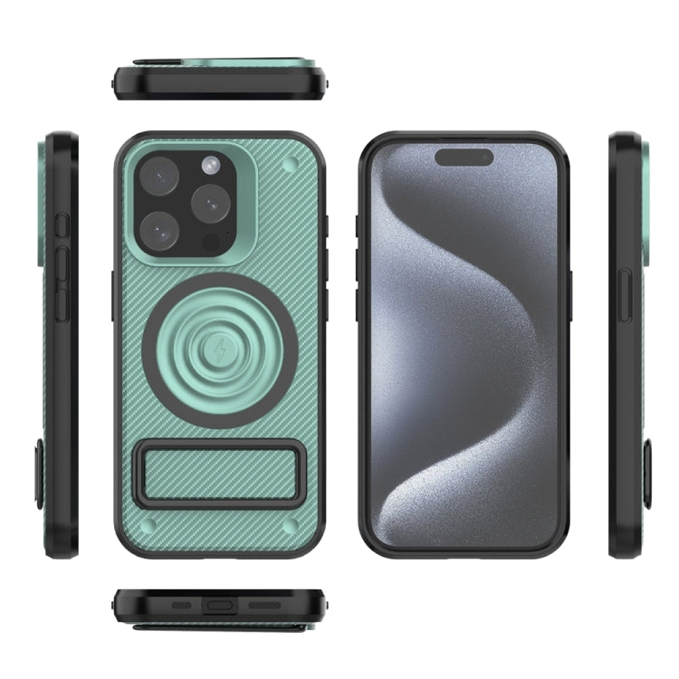 For iPhone 15 Pro Carbon Fiber Texture PC + TPU Phone Case with Metal Holder(Green) - HoMEdemic™ 