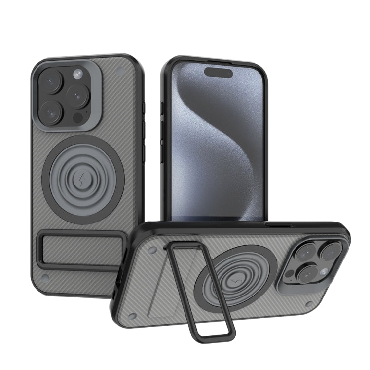 For iPhone 15 Pro Carbon Fiber Texture PC + TPU Phone Case with Metal Holder(Grey) - HoMEdemic™ 
