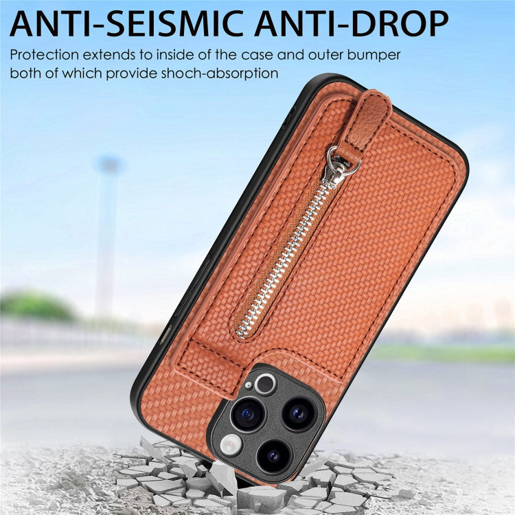For iPhone 15 Pro Carbon Fiber Vertical Flip Zipper Phone Case(Brown) - HoMEdemic™ 