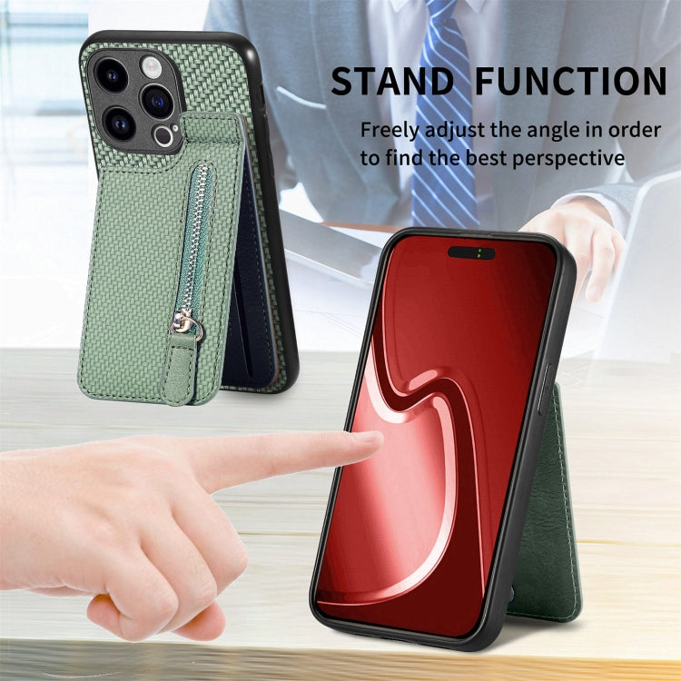 For iPhone 15 Pro Carbon Fiber Vertical Flip Zipper Phone Case(Green) - HoMEdemic™ 