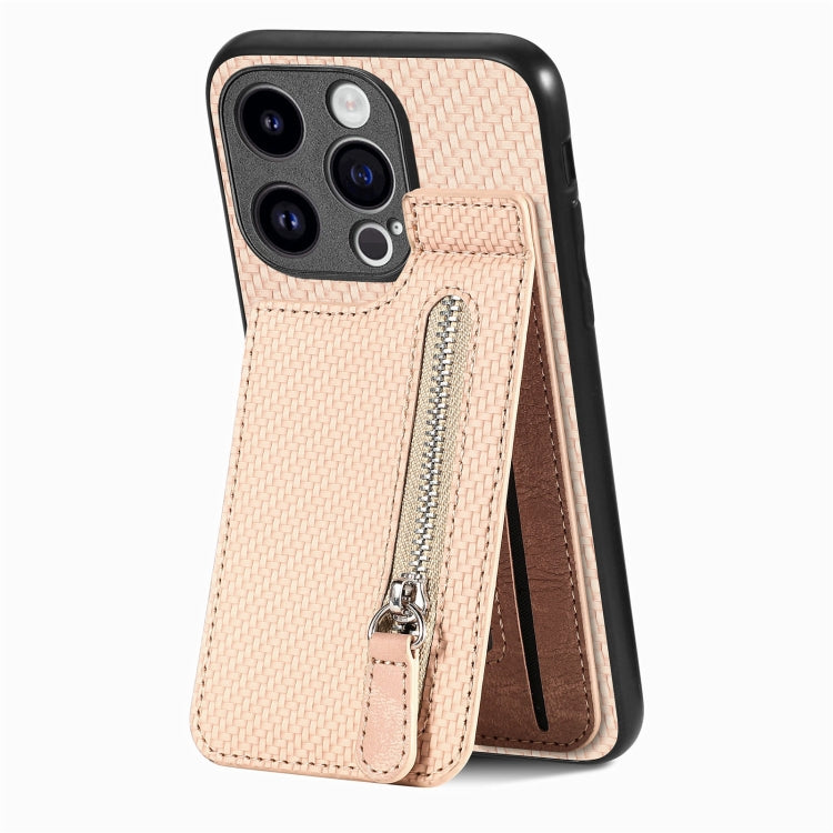 For iPhone 15 Pro Carbon Fiber Vertical Flip Zipper Phone Case(Khaki) - HoMEdemic™ 
