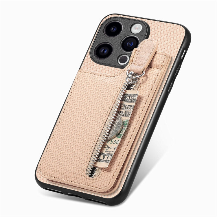 For iPhone 15 Pro Carbon Fiber Vertical Flip Zipper Phone Case(Khaki) - HoMEdemic™ 