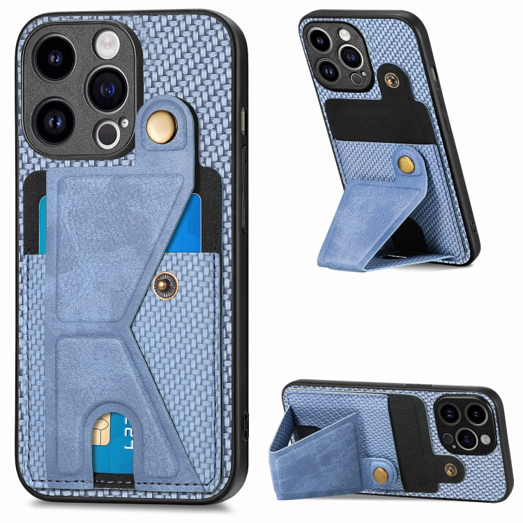 For iPhone 15 Pro Carbon Fiber Wallet Flip Card K-shaped Holder Phone Case(Blue) - HoMEdemic™ 