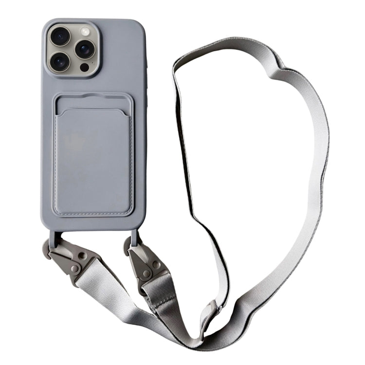 For iPhone 15 Pro Card Slot Liquid Silicone Phone Case with Lanyard(Grey) - HoMEdemic™ 