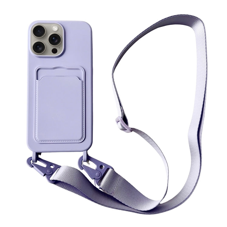For iPhone 15 Pro Card Slot Liquid Silicone Phone Case with Lanyard(Light Purple) - HoMEdemic™ 