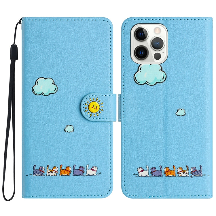 For iPhone 15 Pro Cartoon Cats Leather Phone Case(Blue) - HoMEdemic™ 