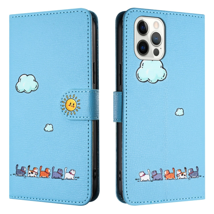 For iPhone 15 Pro Cartoon Cats Leather Phone Case(Blue) - HoMEdemic™ 