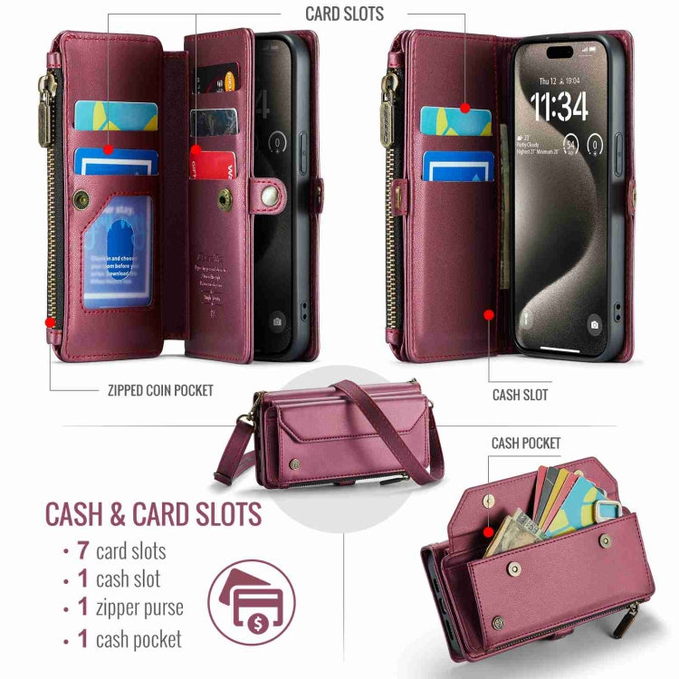 For iPhone 15 Pro CaseMe C36 Card Slots Zipper Wallet RFID Anti-theft Leather Phone Case(Wine Red) - HoMEdemic™ 