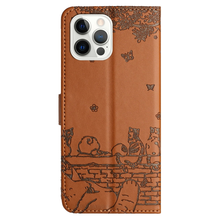 For iPhone 15 Pro Cat Embossing Pattern Leather Phone Case with Lanyard(Brown) - HoMEdemic™ 