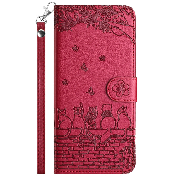 For iPhone 15 Pro Cat Embossing Pattern Leather Phone Case with Lanyard(Red) - HoMEdemic™ 