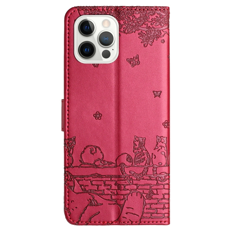 For iPhone 15 Pro Cat Embossing Pattern Leather Phone Case with Lanyard(Red) - HoMEdemic™ 
