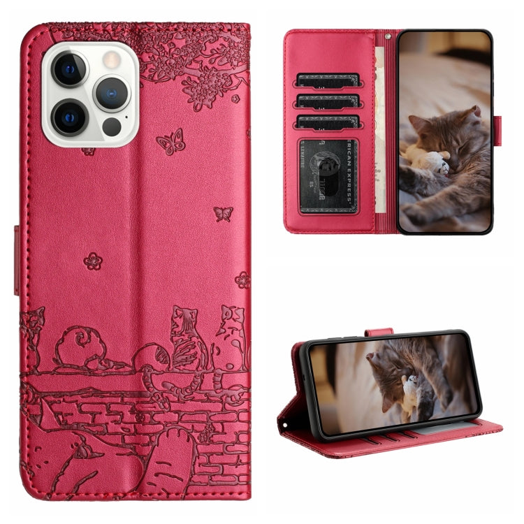 For iPhone 15 Pro Cat Embossing Pattern Leather Phone Case with Lanyard(Red) - HoMEdemic™ 