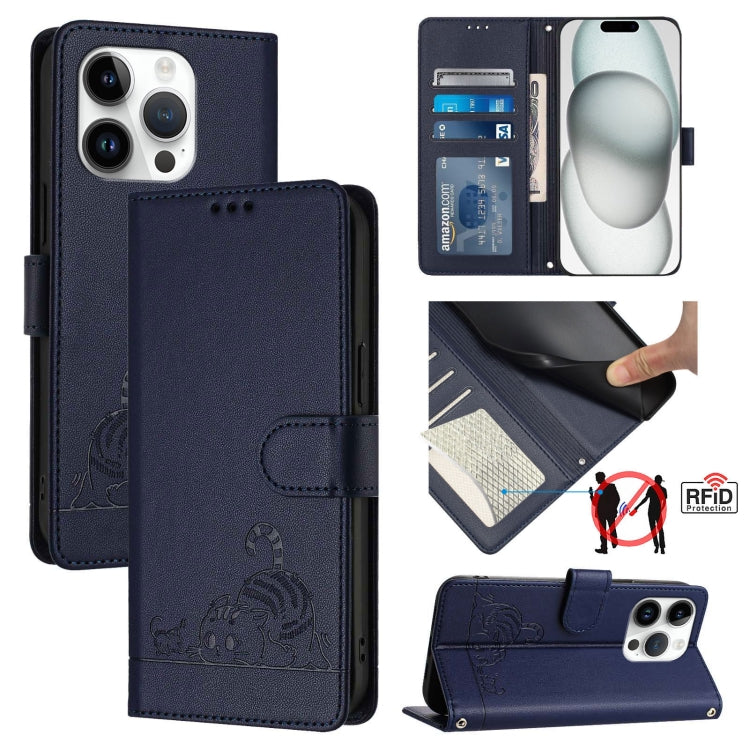 For iPhone 15 Pro Cat Rat Embossed Pattern RFID Leather Phone Case with Lanyard(Blue) - HoMEdemic™ 