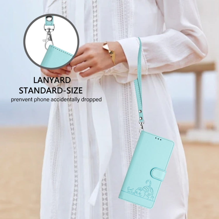 For iPhone 15 Pro Cat Rat Embossed Pattern RFID Leather Phone Case with Lanyard(Mint Green) - HoMEdemic™ 