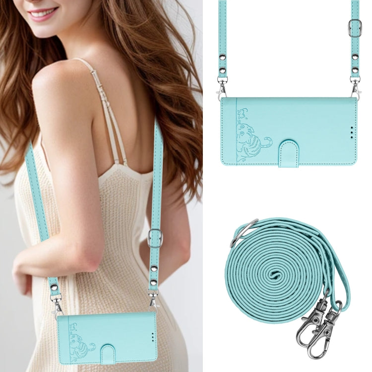 For iPhone 15 Pro Cat Rat Embossed Pattern RFID Leather Phone Case with Lanyard(Mint Green) - HoMEdemic™ 