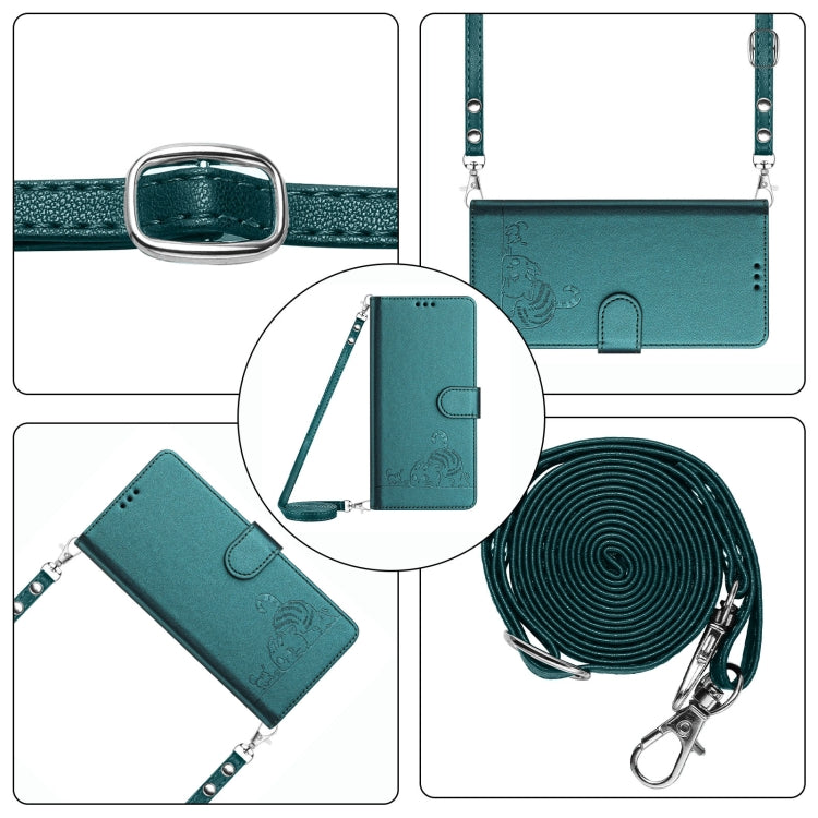 For iPhone 15 Pro Cat Rat Embossed Pattern RFID Leather Phone Case with Lanyard(Peacock Green) - HoMEdemic™ 