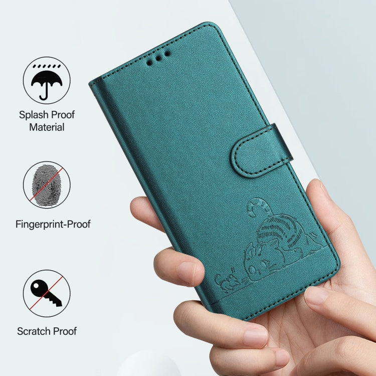 For iPhone 15 Pro Cat Rat Embossed Pattern RFID Leather Phone Case with Lanyard(Peacock Green) - HoMEdemic™ 