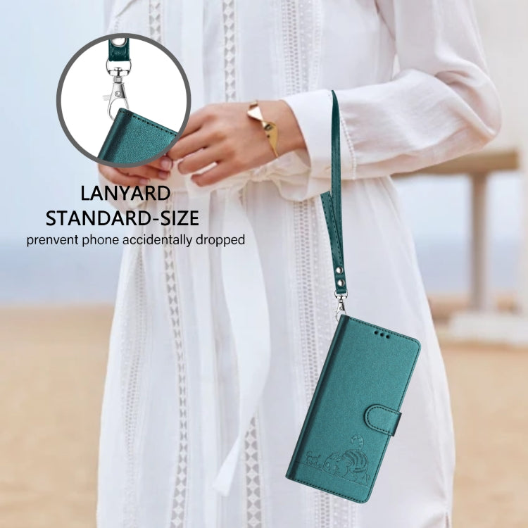 For iPhone 15 Pro Cat Rat Embossed Pattern RFID Leather Phone Case with Lanyard(Peacock Green) - HoMEdemic™ 