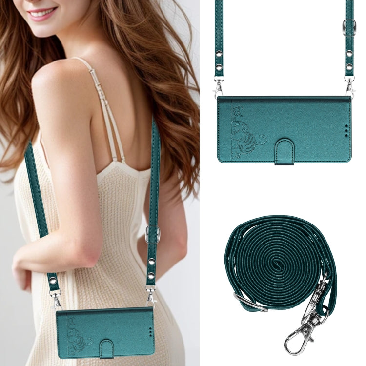 For iPhone 15 Pro Cat Rat Embossed Pattern RFID Leather Phone Case with Lanyard(Peacock Green) - HoMEdemic™ 