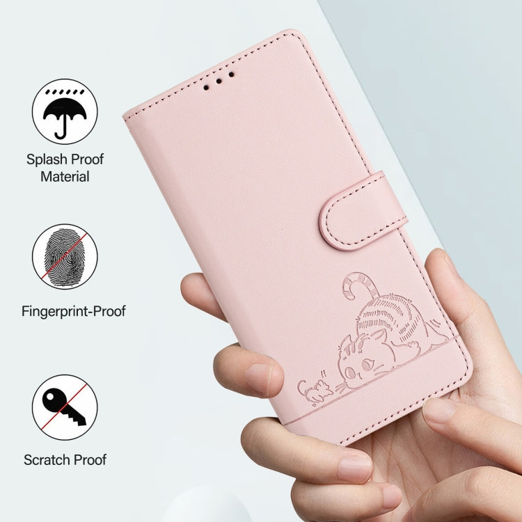For iPhone 15 Pro Cat Rat Embossed Pattern RFID Leather Phone Case with Lanyard(Pink) - HoMEdemic™ 