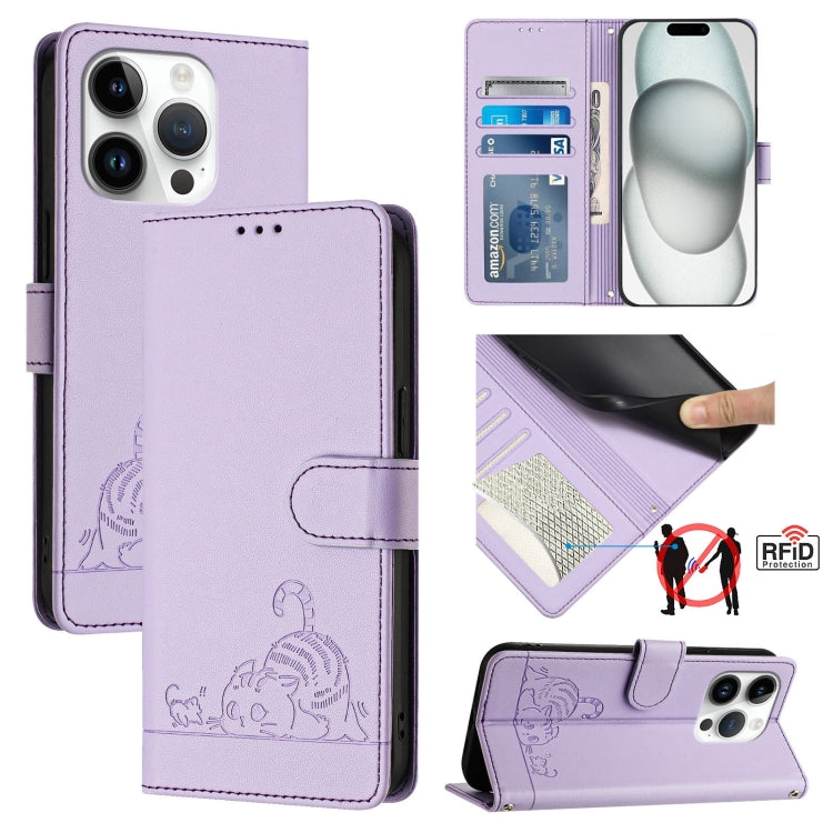 For iPhone 15 Pro Cat Rat Embossed Pattern RFID Leather Phone Case with Lanyard(Purple) - HoMEdemic™ 