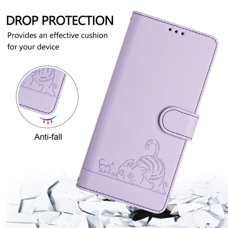 For iPhone 15 Pro Cat Rat Embossed Pattern RFID Leather Phone Case with Lanyard(Purple) - HoMEdemic™ 